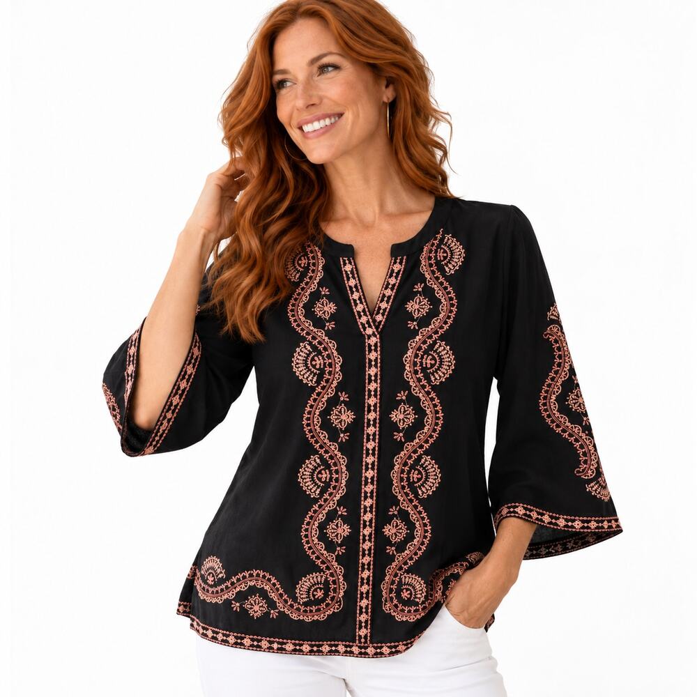 J. Jill Embroidered Top Womens Small Black Peach Knit Boho Tunic  Blouse